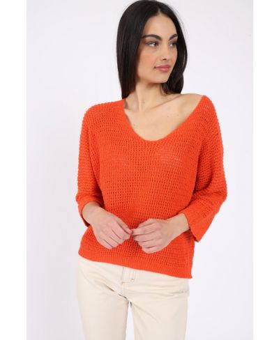 Pullover V- Neck-Arancio-Orange-Taglia Unica