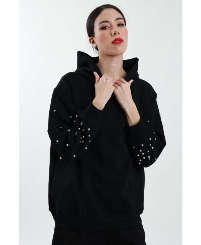 Kaputzensweater mit Perlen-Nero-Schwarz-Taglia Unica