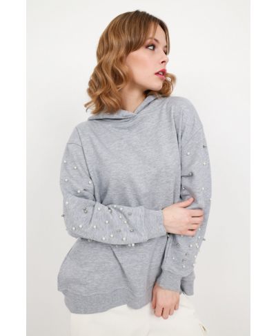 Kaputzensweater mit Perlen-Grigio-Grau-Taglia Unica