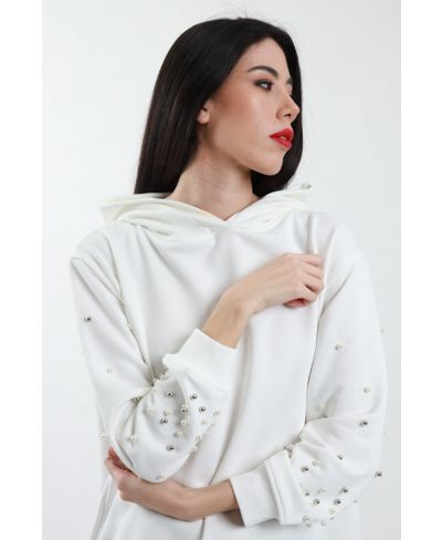Kaputzensweater mit Perlen-Latte-Taglia Unica